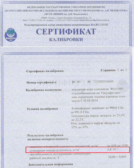 Образец сертификата калибровки